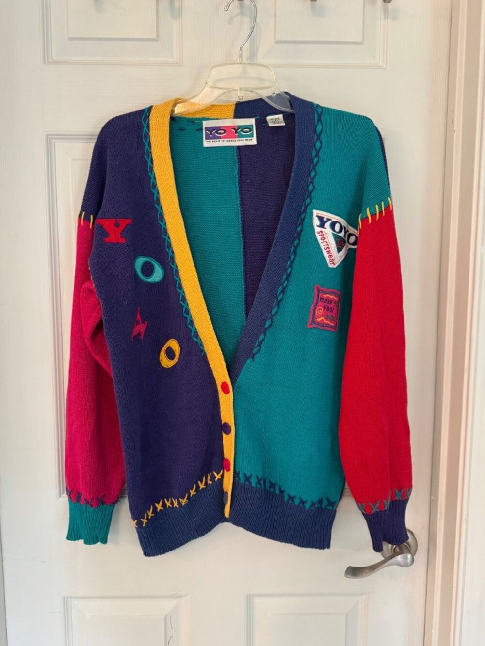 Vintage YOYO Colorblock Knit Cardigan Sweater Patch Primary ABC 90s 80s Small - Picture 2 of 10